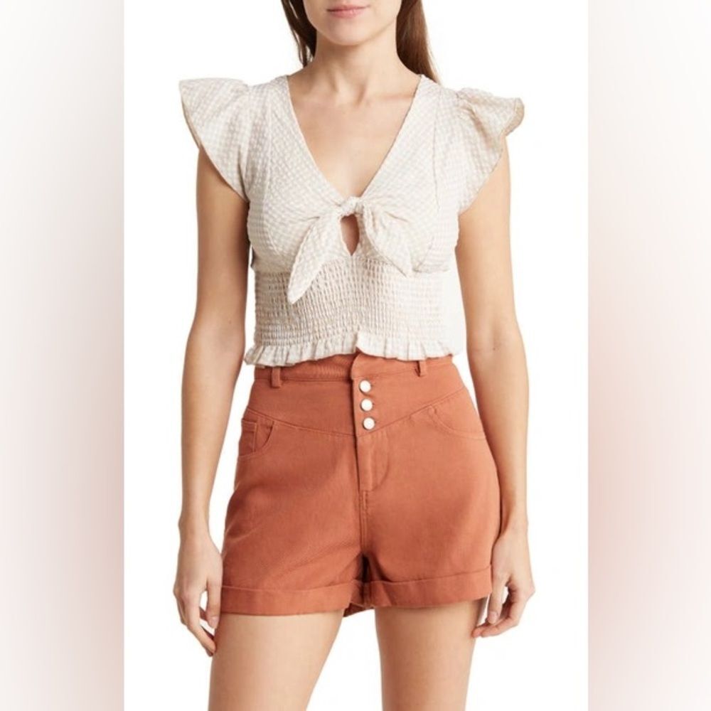 SALE Gingham Tie Front Smocked Waist Top